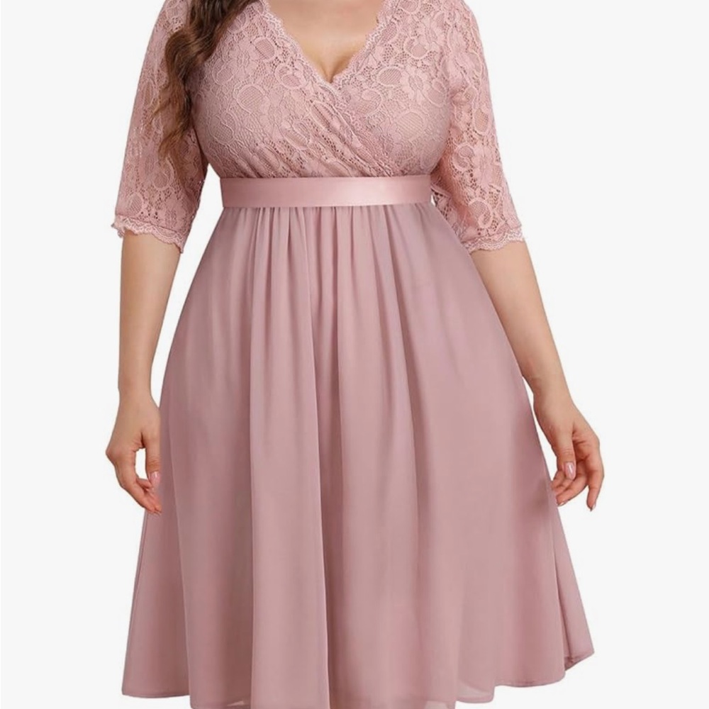 Pink A-Line Midi Dress with V-Neck and 3/4 Sleeves